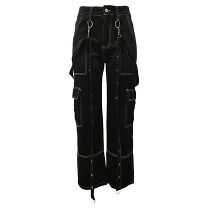 Women s jeans pants new European and American style accordion bag cargo bag suspender loose casual denim long pants image 4