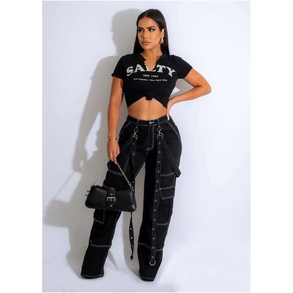 Women s jeans pants new European and American style accordion bag cargo bag suspender loose casual denim long pants