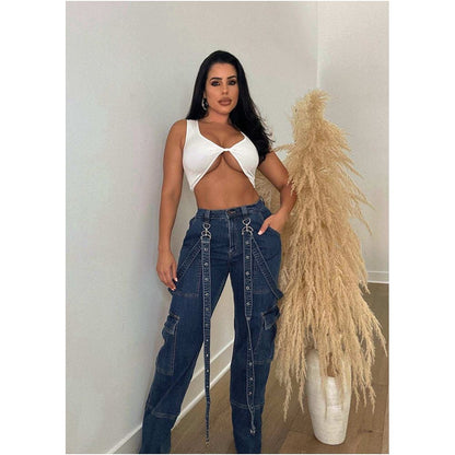Women s jeans pants new European and American style accordion bag cargo bag suspender loose casual denim long pants