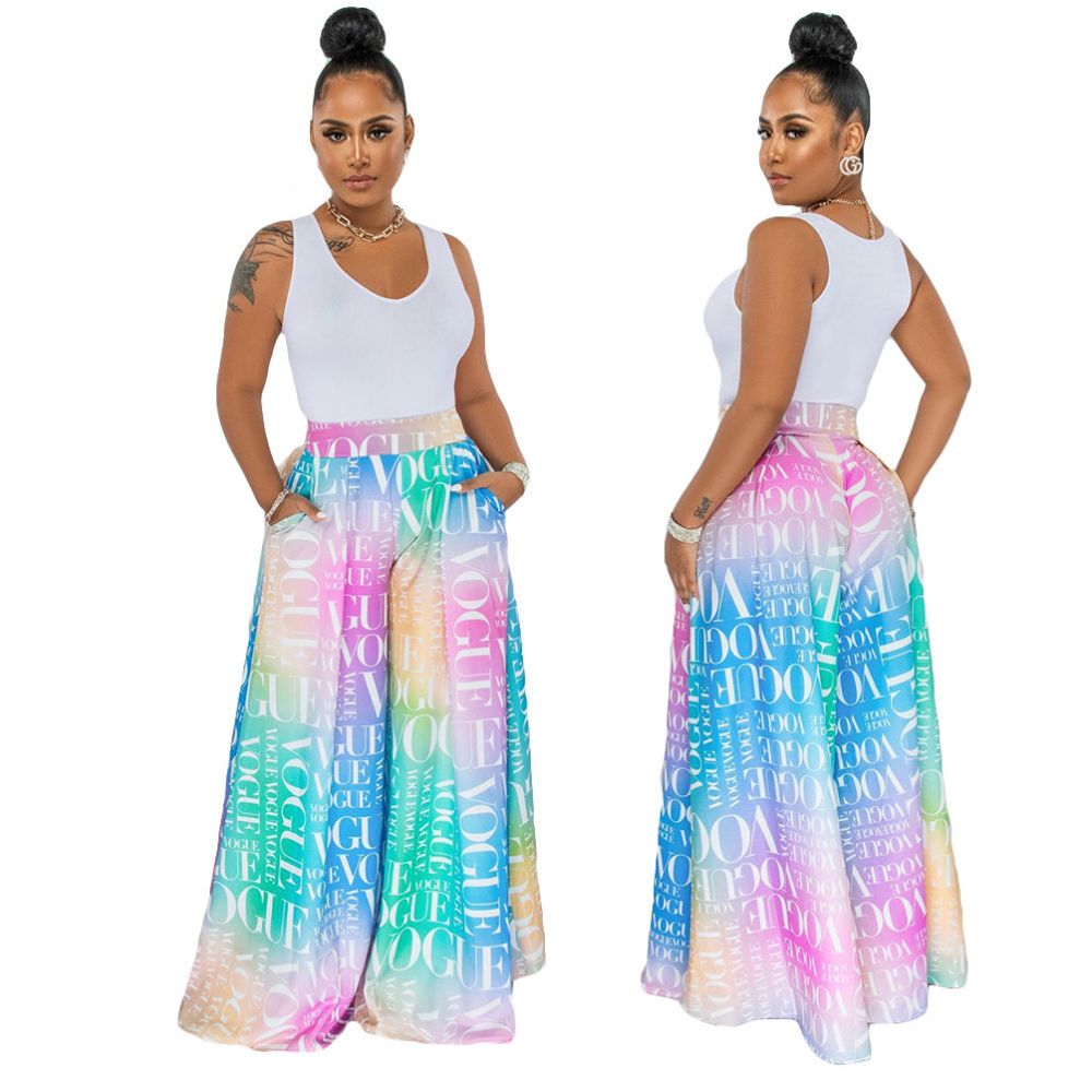Women loose pants fashion European and American printed casual Vogue letter wide leg pants with pockets