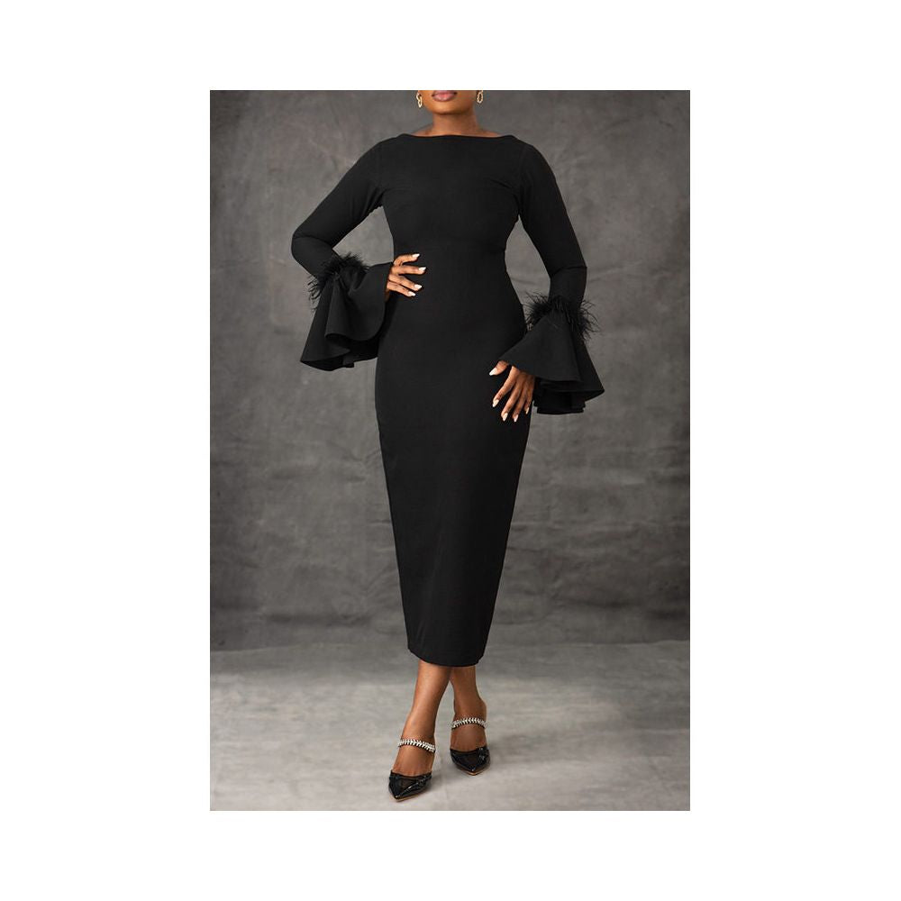 Ladies sexy black dress 2024 European and American solid color slim fit feather trumpet sleeve slit dress image 2