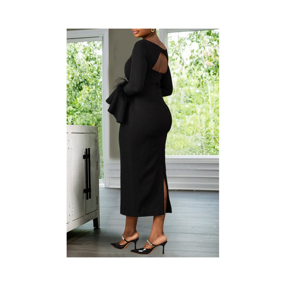 Ladies sexy black dress 2024 European and American solid color slim fit feather trumpet sleeve slit dress image 3