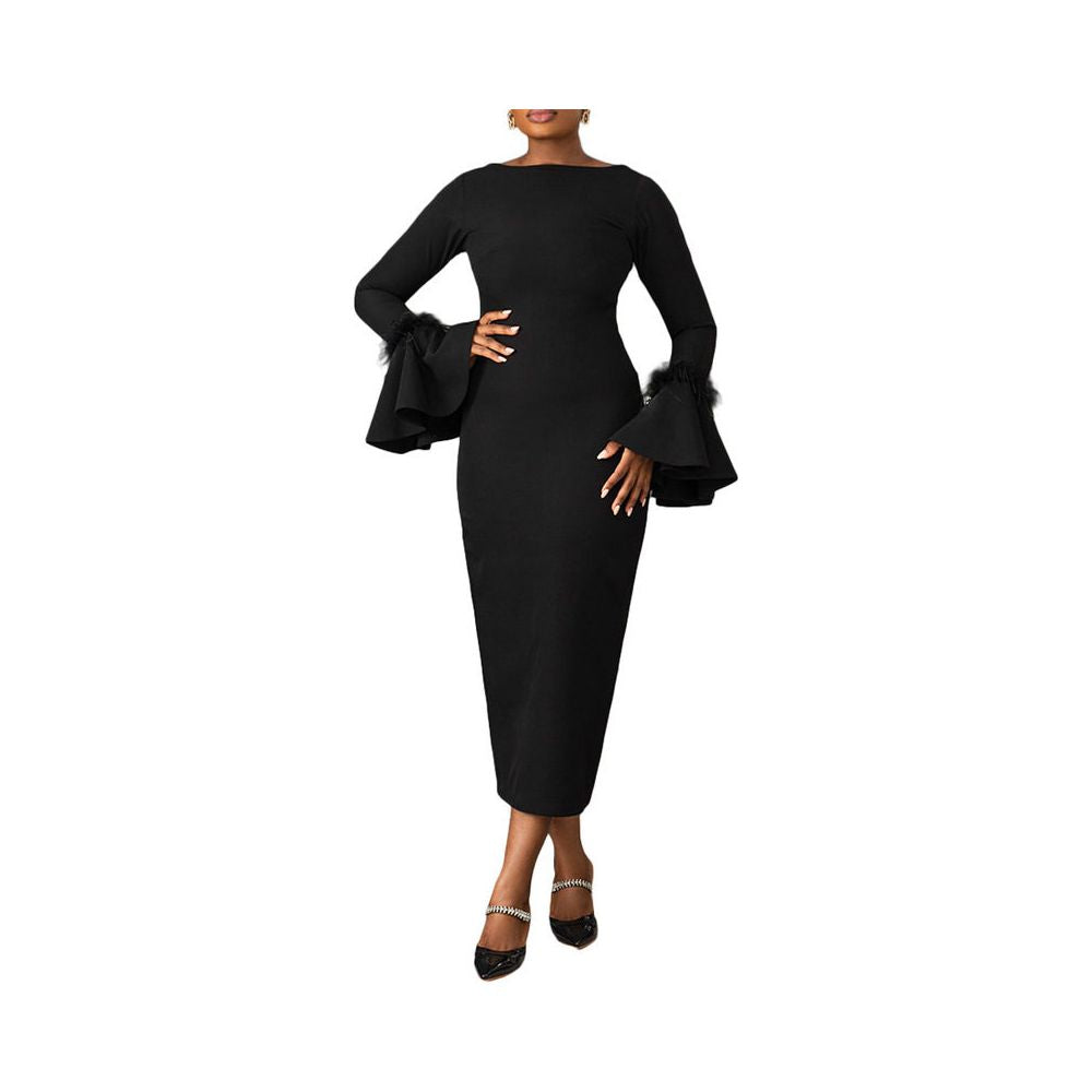 Ladies sexy black dress 2024 European and American solid color slim fit feather trumpet sleeve slit dress image 5