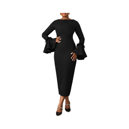 Ladies sexy black dress 2024 European and American solid color slim fit feather trumpet sleeve slit dress image 5
