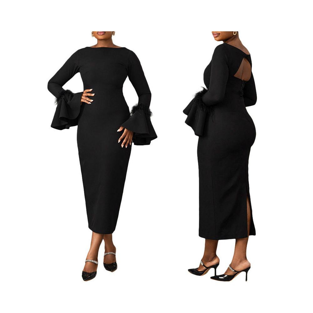 Ladies sexy black dress 2024 European and American solid color slim fit feather trumpet sleeve slit dress image 0