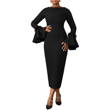 Ladies sexy black dress 2024 European and American solid color slim fit feather trumpet sleeve slit dress