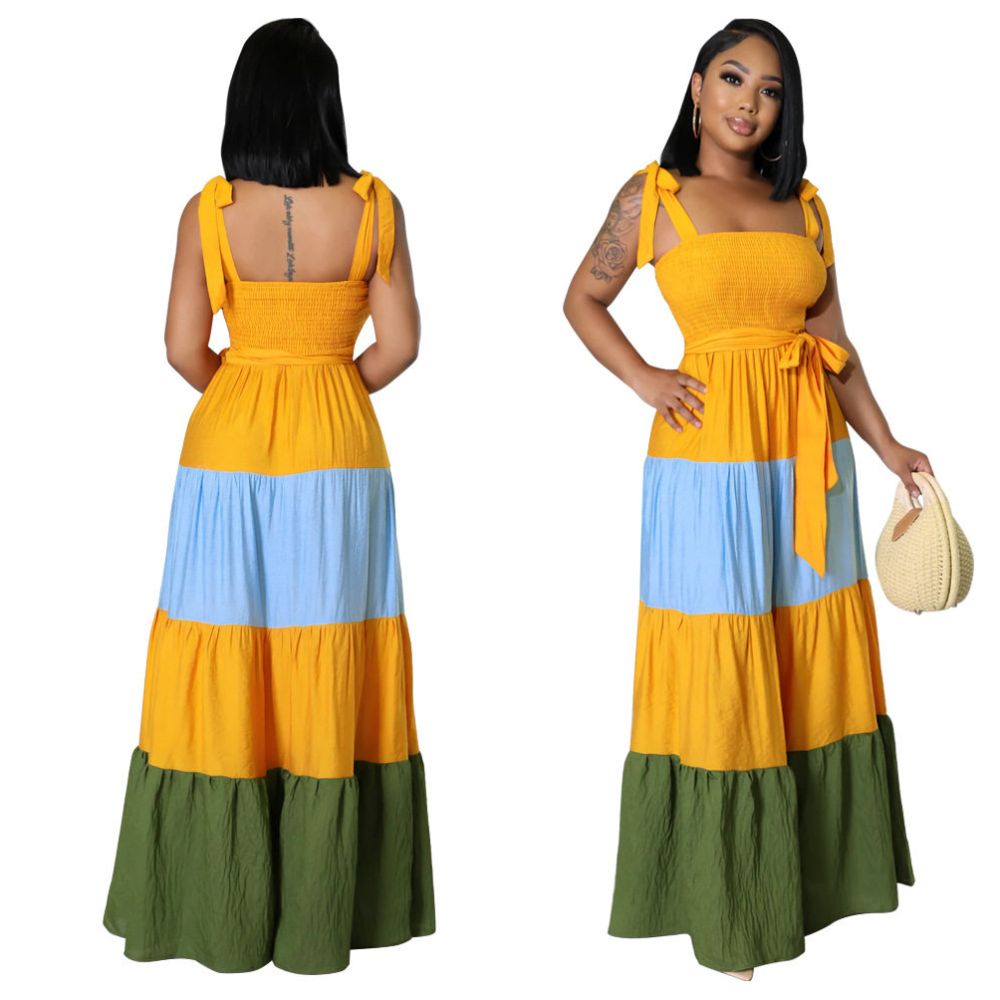 Women s Fashion Dress 2022 European and American Color Contrast Sleeveless Strap Waist Strap Dress image 1