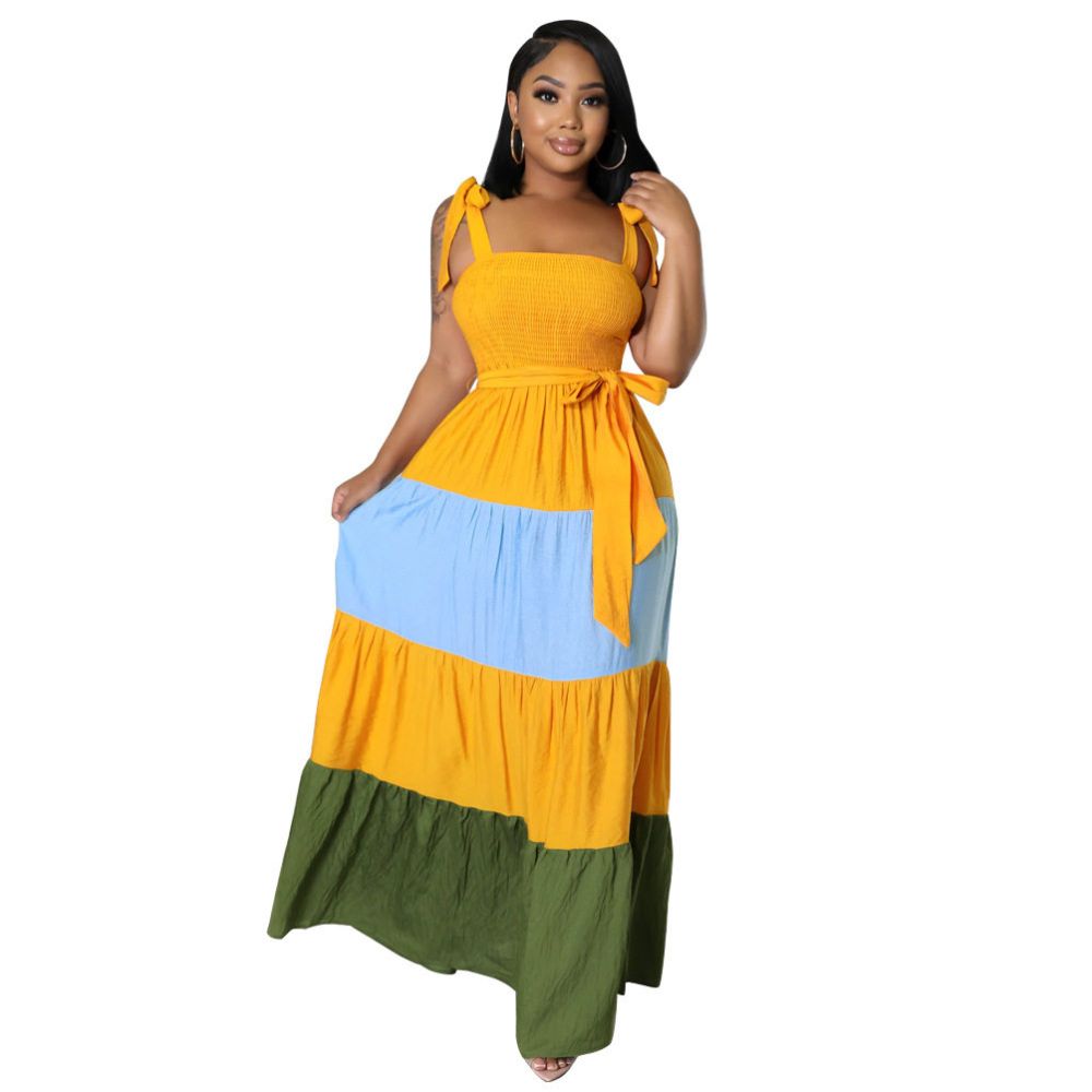 Women s Fashion Dress 2022 European and American Color Contrast Sleeveless Strap Waist Strap Dress image 2