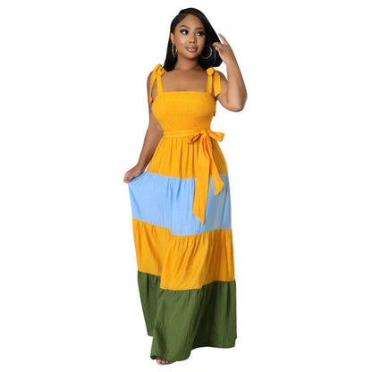 Women s Fashion Dress 2022 European and American Color Contrast Sleeveless Strap Waist Strap Dress image 3