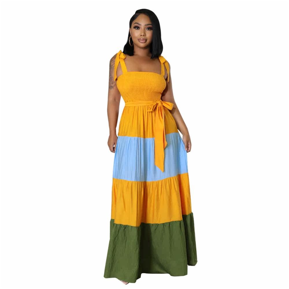 Women s Fashion Dress 2022 European and American Color Contrast Sleeveless Strap Waist Strap Dress image 4