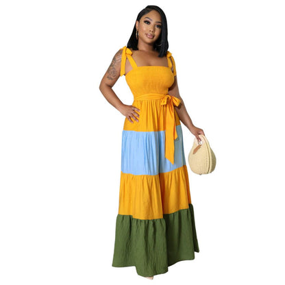 Women s Fashion Dress 2022 European and American Color Contrast Sleeveless Strap Waist Strap Dress