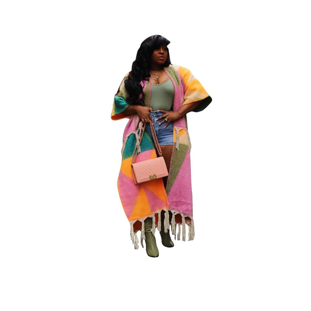 European and American women s casual color blocked tassel knit coat women s sweater knitting coat 2024 image 3