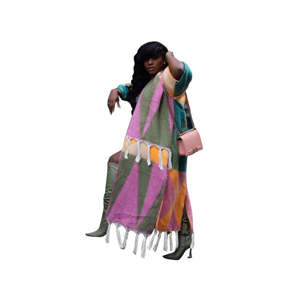 European and American women s casual color blocked tassel knit coat women s sweater knitting coat 2024 image 4