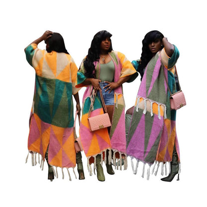 European and American women s casual color blocked tassel knit coat women s sweater knitting coat 2024 image 0