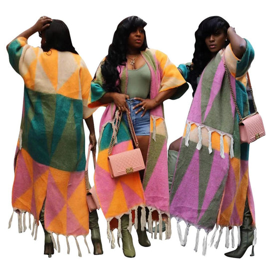 European and American women s casual color blocked tassel knit coat women s sweater knitting coat 2024