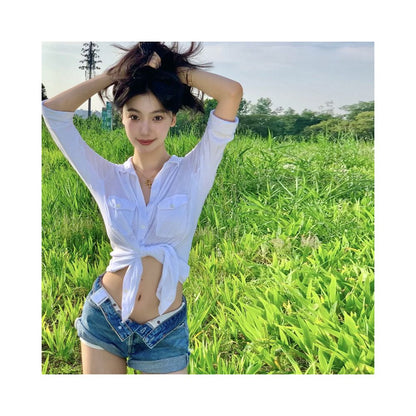 Yi Mengling s Pure Desire Style POLO Collar White Shirt Top 2024 Spring Summer New Collection Spicy Girl Open Umbilized T shirt Trendy