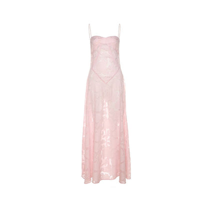 WEIRD PUSS French Style Super Immortal Romantic Tea Break Manor Mesh Lightweight Perspective Hook Flower Strap Dress