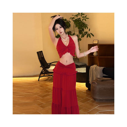 WEIRD PUSS vibrant coral red lace up neck V neck ruffle edge vest women s low waist skirt set image 3