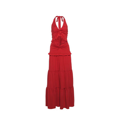 WEIRD PUSS vibrant coral red lace up neck V neck ruffle edge vest women s low waist skirt set