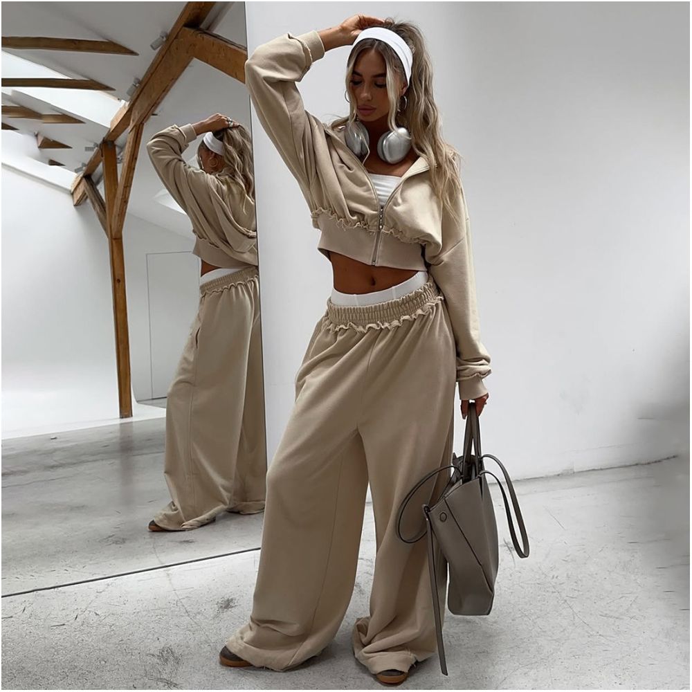 WEIRD PUSS American casual sports style hooded sweatshirt jacket women s high waist wide leg pants versatile set trendy image 2