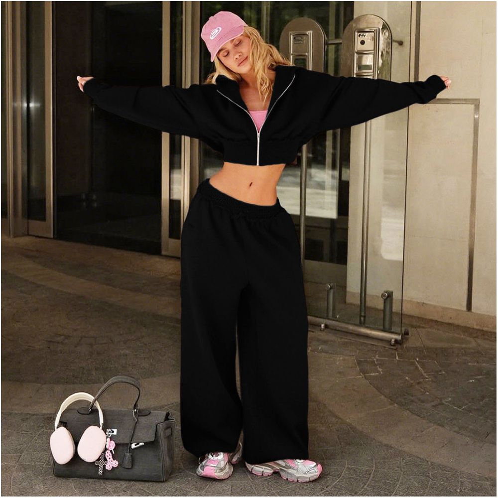 WEIRD PUSS American casual sports style hooded sweatshirt jacket women s high waist wide leg pants versatile set trendy image 3