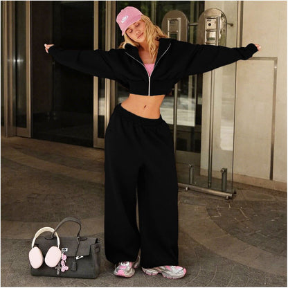 WEIRD PUSS American casual sports style hooded sweatshirt jacket women s high waist wide leg pants versatile set trendy image 3