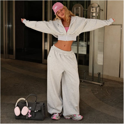 WEIRD PUSS American casual sports style hooded sweatshirt jacket women s high waist wide leg pants versatile set trendy image 4
