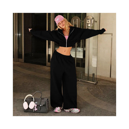 WEIRD PUSS American casual sports style hooded sweatshirt jacket women s high waist wide leg pants versatile set trendy