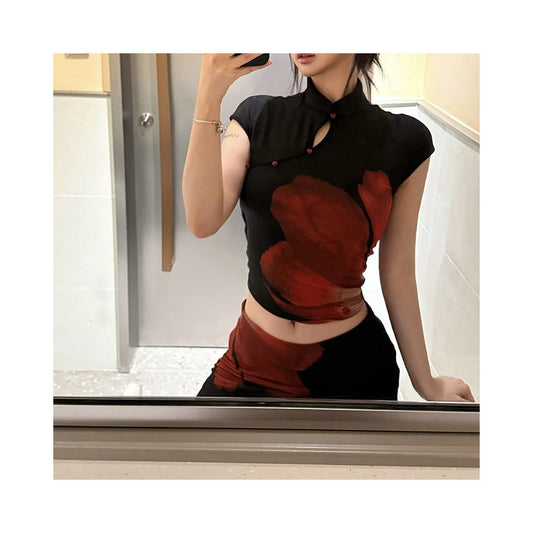 WEIRD PUSS Vintage China Chic Art Sense Individuality Printed Stand Collar Top Women Fashion Skirt Set Fashion