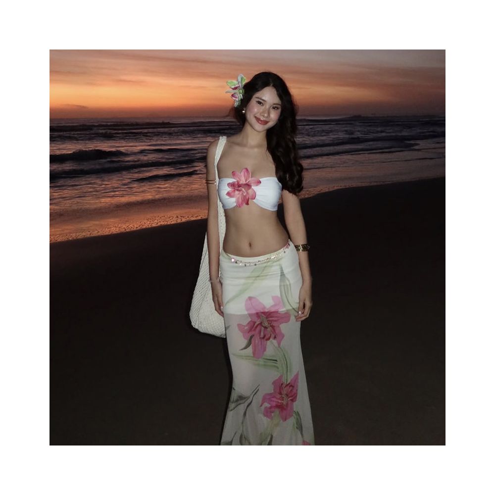 WEIRD PUSS Thai vacation style sunset atmosphere flower strapless top women s floral skirt set image 1