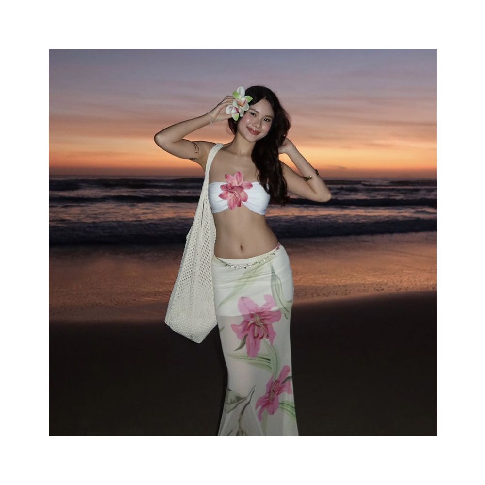 WEIRD PUSS Thai vacation style sunset atmosphere flower strapless top women s floral skirt set image 2