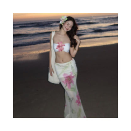 WEIRD PUSS Thai vacation style sunset atmosphere flower strapless top women s floral skirt set image 3