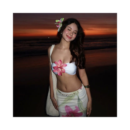WEIRD PUSS Thai vacation style sunset atmosphere flower strapless top women s floral skirt set image 4