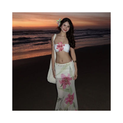 WEIRD PUSS Thai vacation style sunset atmosphere flower strapless top women s floral skirt set image 0