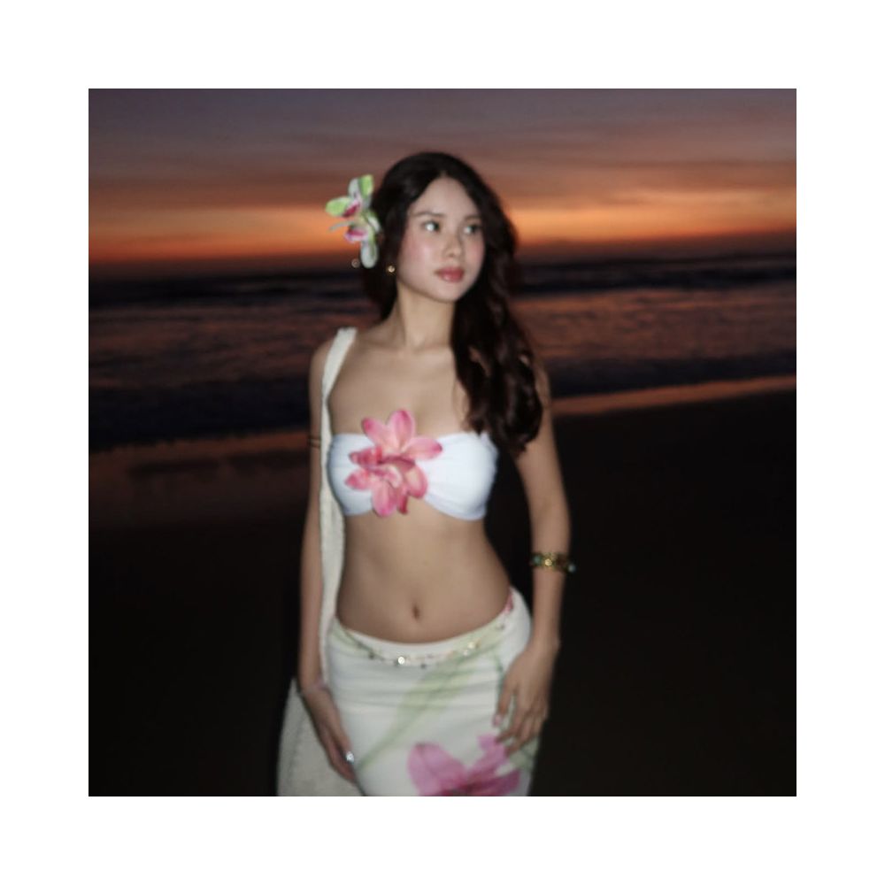 WEIRD PUSS Thai vacation style sunset atmosphere flower strapless top women s floral skirt set