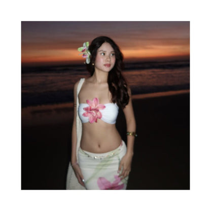 WEIRD PUSS Thai vacation style sunset atmosphere flower strapless top women s floral skirt set