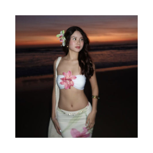 WEIRD PUSS Thai vacation style sunset atmosphere flower strapless top women s floral skirt set