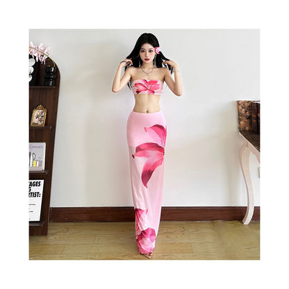 WEIRD PUSS Thai vacation style sunset atmosphere flower strapless top women s floral skirt set