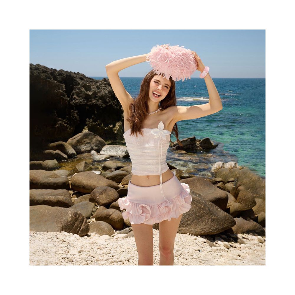 WEIRD PUSS French Sweet and Fresh Flower Decorated strapless vest with women s layered ruffled hem skirt image 2