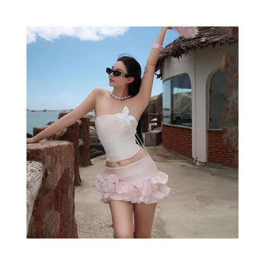 WEIRD PUSS French Sweet and Fresh Flower Decorated strapless vest with women s layered ruffled hem skirt