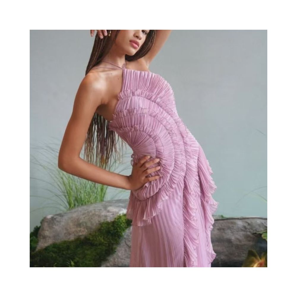 Wildgirl Spring Summer New Collection pleated ruffle edge hanging neck exposed back A list chiffon style elegant dress long skirt image 1