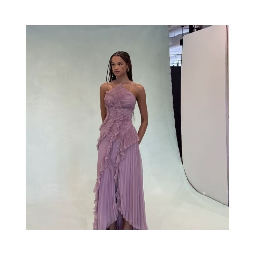 Wildgirl Spring Summer New Collection pleated ruffle edge hanging neck exposed back A list chiffon style elegant dress long skirt image 2