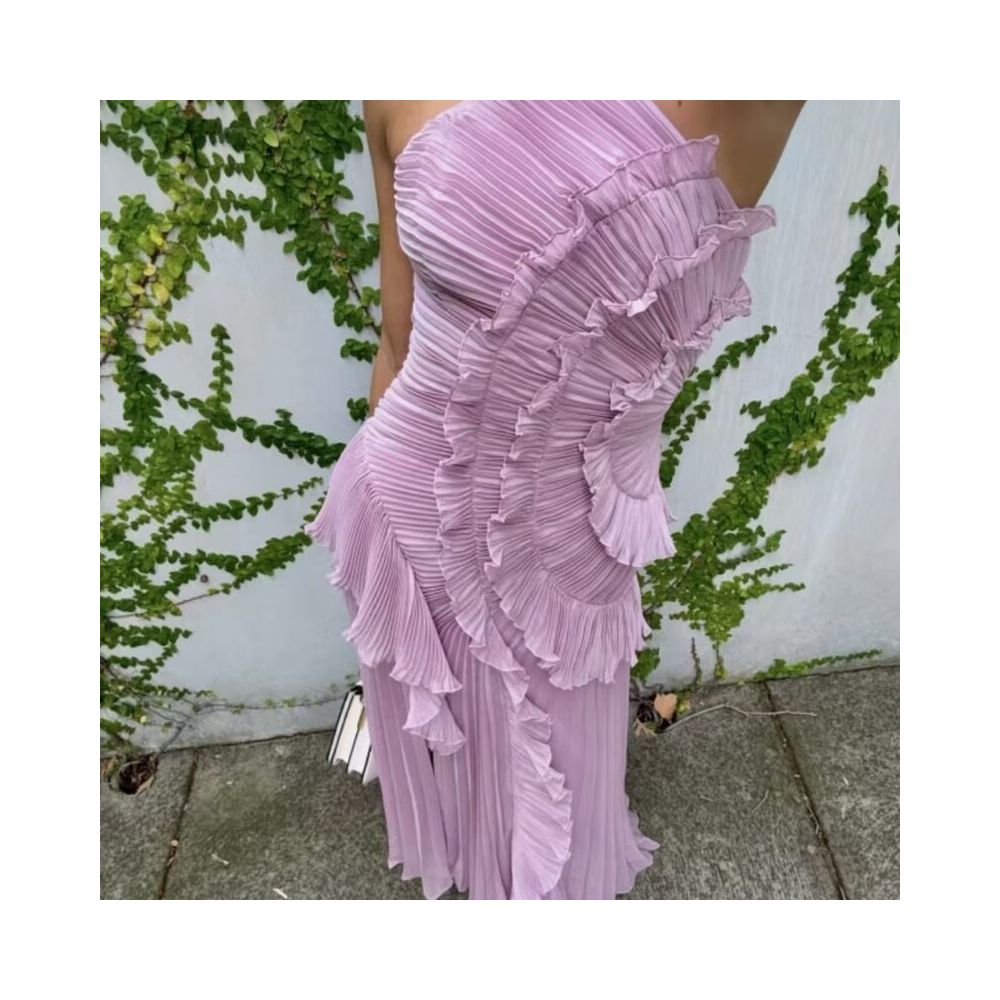 Wildgirl Spring Summer New Collection pleated ruffle edge hanging neck exposed back A list chiffon style elegant dress long skirt image 3