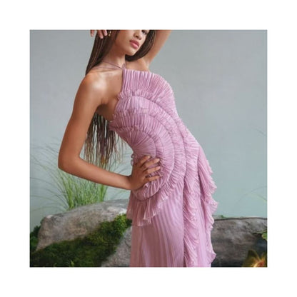 Wildgirl Spring Summer New Collection pleated ruffle edge hanging neck exposed back A list chiffon style elegant dress long skirt image 0