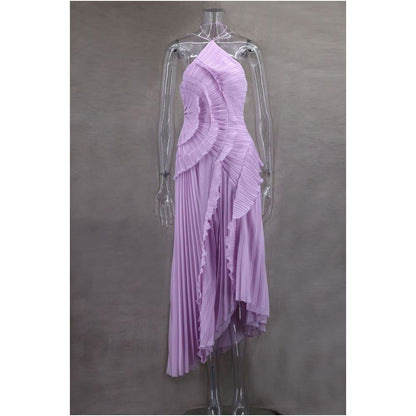 Wildgirl Spring Summer New Collection pleated ruffle edge hanging neck exposed back A list chiffon style elegant dress long skirt