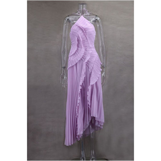 Wildgirl Spring Summer New Collection pleated ruffle edge hanging neck exposed back A list chiffon style elegant dress long skirt