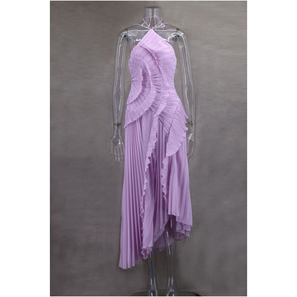 Wildgirl Spring Summer New Collection pleated ruffle edge hanging neck exposed back A list chiffon style elegant dress long skirt