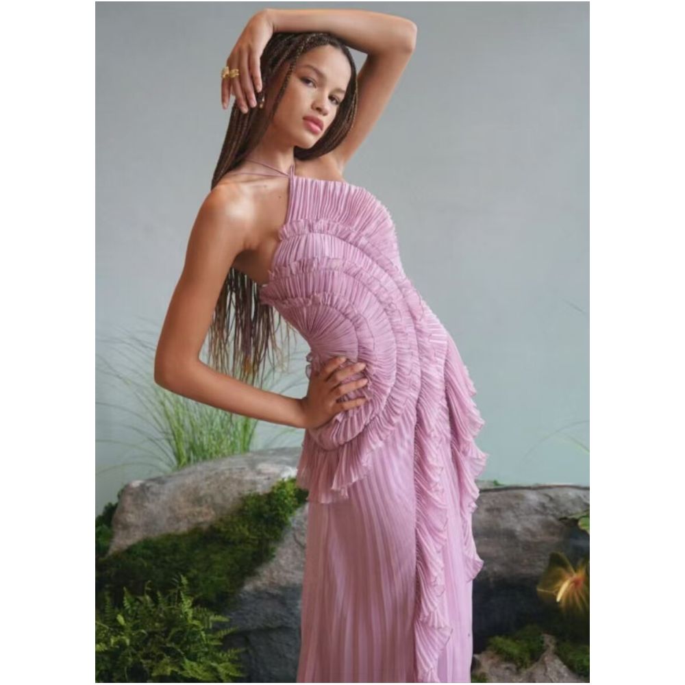 Wildgirl Spring Summer New Collection pleated ruffle edge hanging neck exposed back A list chiffon style elegant dress long skirt