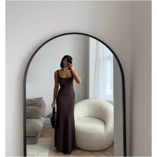 Wildgirl vest U shaped collar European and American beach vacation sexy long skirt knitted pit stripe long dress for women