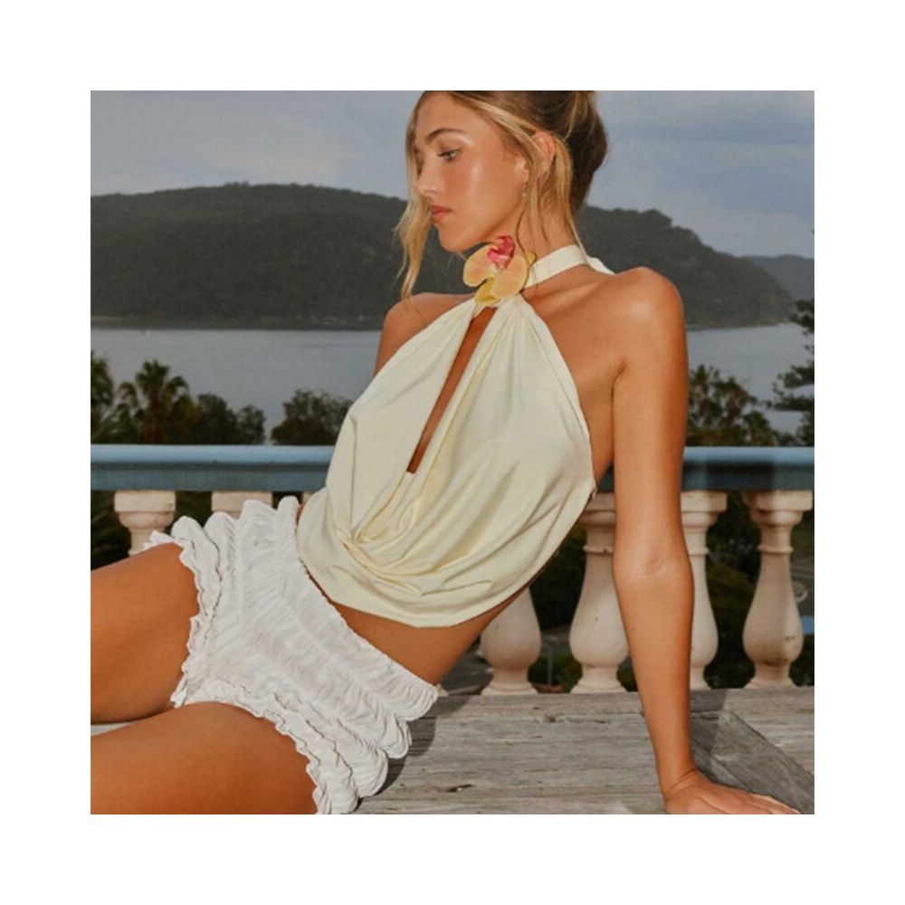 Wildgirl trendy solid color floral sleeveless hanging neck summer new item backless design sense ribbon short top vest image 2